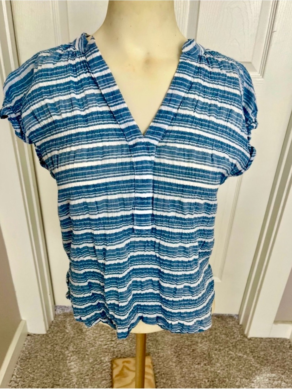 Pilcro Blue and White Striped V-Neck Short Sleeve Top